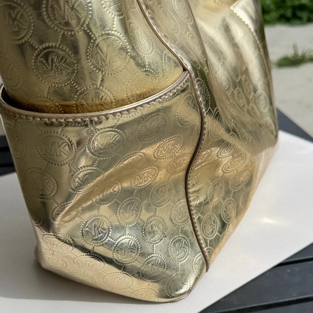 Michael Kors Gold Metallic Embossed MK Tote with Tan Handles - Picture 5 of 13